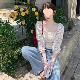 尺寸已更新 法式浪漫方领泡泡袖碎花衬衫韩系别致减龄七分袖小衫