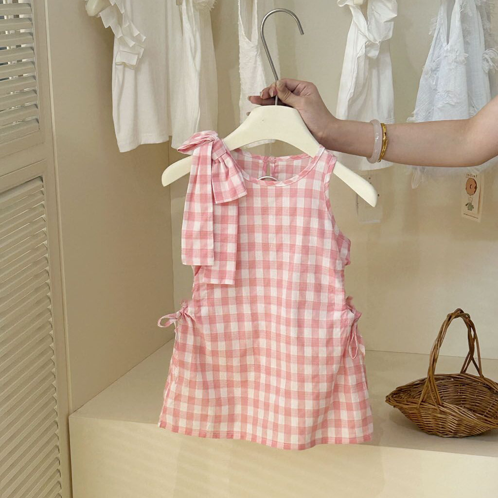 [Xianning Seven] Verano para niñas nuevo estilo rosa y blanco lazo chaleco falda bebé estilo occidental vestido coreano marea