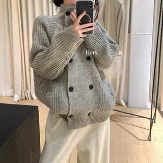 韩版双排扣高领毛衣外套女秋冬外搭宽松软糯加厚复古时尚针织开衫