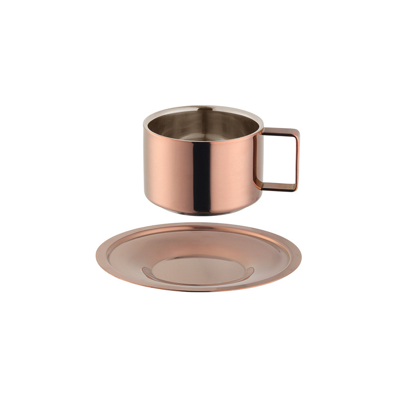 304 taza de café de doble capa de acero inoxidable estilo europeo con juego de platillo taza de té perfumado de oro Chapado en titanio taza de leche al por mayor