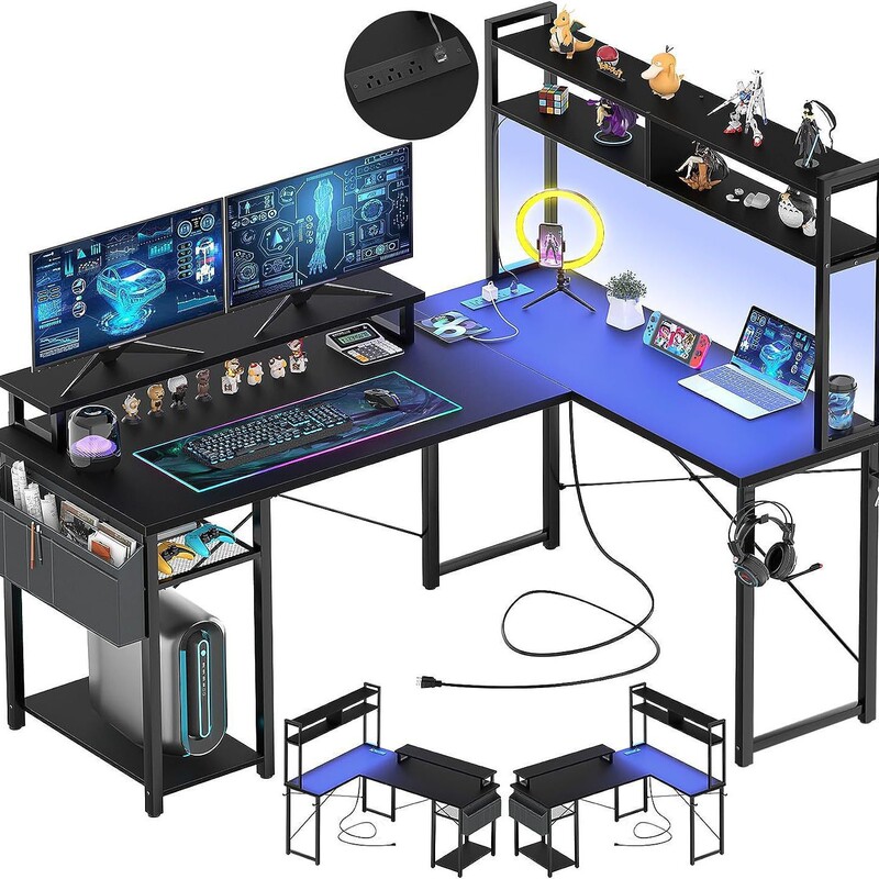 L-Shaped Gaming Desk with Storage Bag, Led Lights, and Power Outlets, Reversible, Direct from the Manufacturer, Corner Desk, Office Desk L-Shaped Gaming Desk with Storage Bag, Led Lights, and Power Outlets, Reversible, Direct from the Manufacturer, Corner Desk, Office Desk