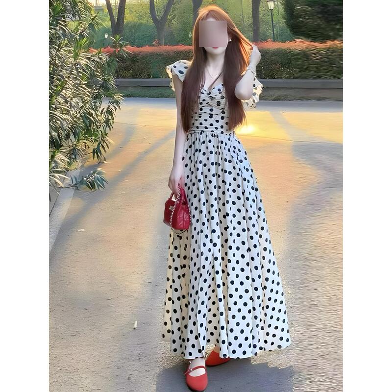 French Retro Hollow Polka Dot Small Flying Sleeve Dress Holiday Style Beautiful Unique Waist-Cinching Elegant Long Skirt Women's Summer Style
