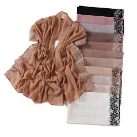 简约单色珍珠雪纺长巾重工藤曼绣花蕾丝边围巾披肩Chiffon scarf