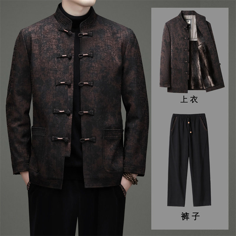 香云纱加绒唐装套装2025冬季中老年爸爸棉服外套加绒加厚棉袄套装