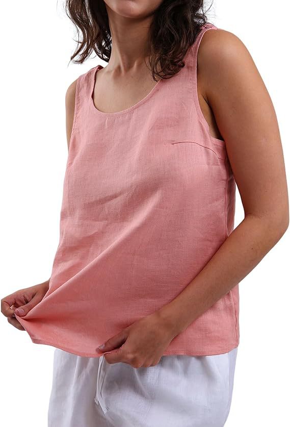 Women's Linen Vest Casual Summer Sleeveless Low round Neck Top_ecoleips.com