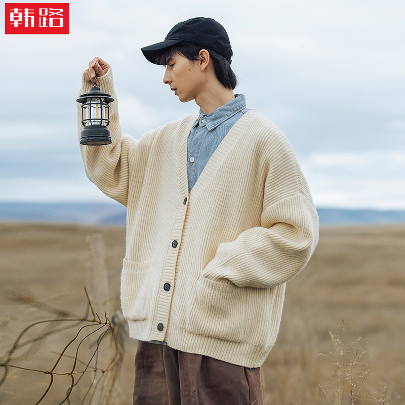 Textured Thick-Knit Cardigan Jacket for Men 2024 Autumn and Winter New Loose-Fitting Japanese Style Couple Sweater Knitwear Q