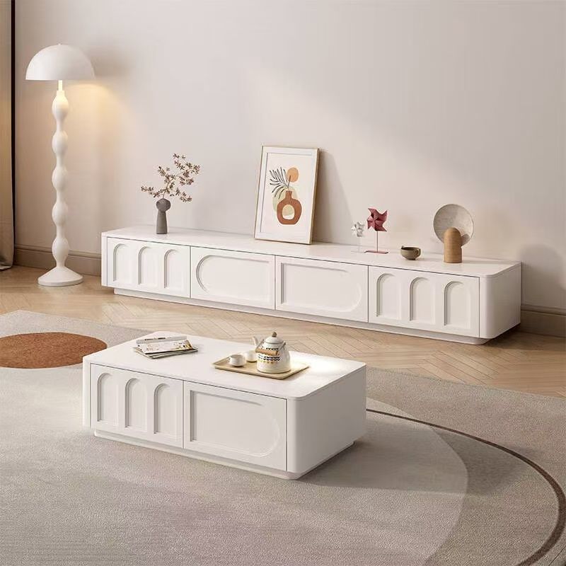 French Cream Style Tv Cabinet Home Coffee Table Tv Cabinet Combination Floor-Standing Living Room Light Luxury White Tv Cabinet
