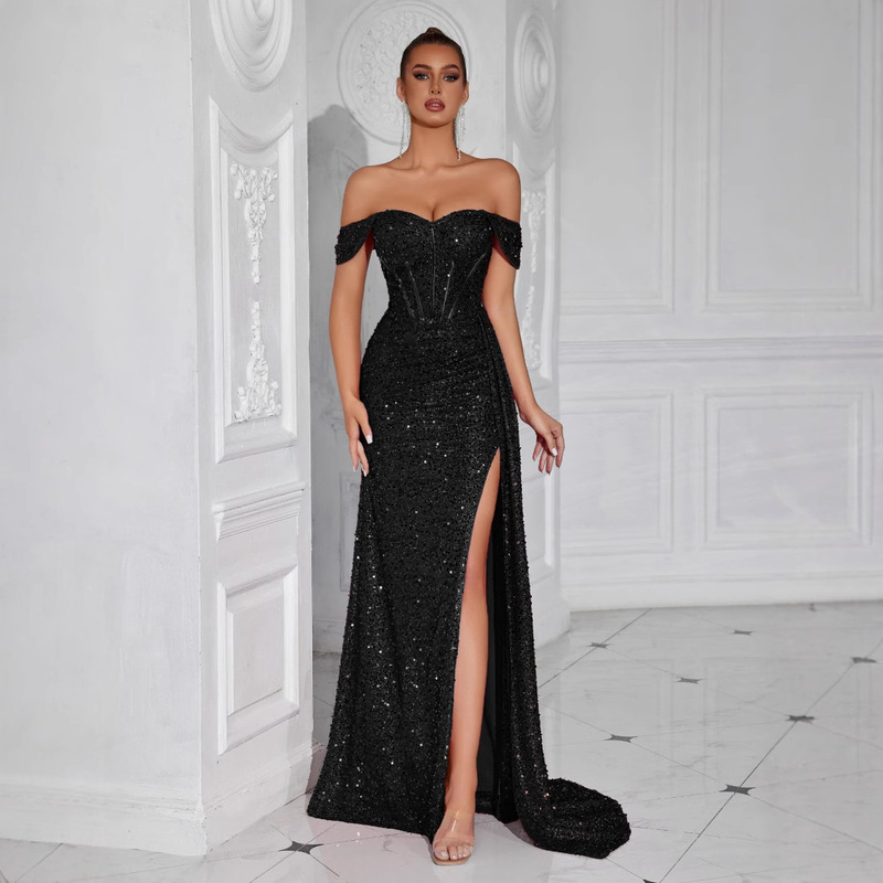 European and American Cross-Border Popular Sequin Tube Top Sexy Dress Banquet Slit Long Slim Fit Model Evening Dress European and American Cross-Border Popular Sequin Tube Top Sexy Dress Banquet Slit Long Slim Fit Model Evening Dress