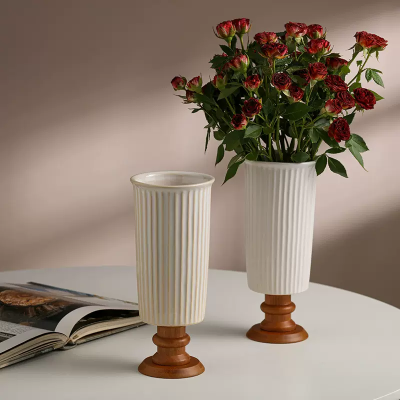 仿真花假花客厅餐桌插花花艺摆件复古实木高脚陶瓷花瓶可蓄水