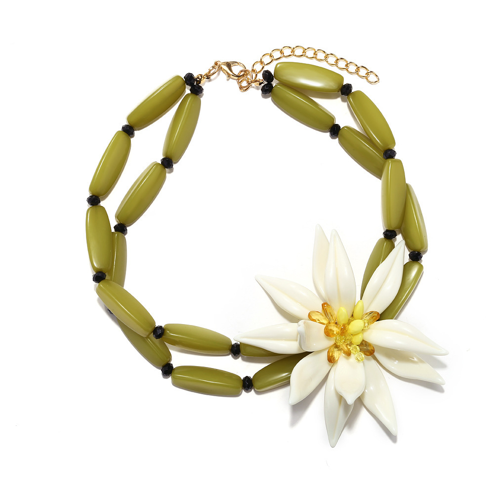 Beaded Statement Necklace With Handmade Resin 3d Floral Collarbone_voghion.com