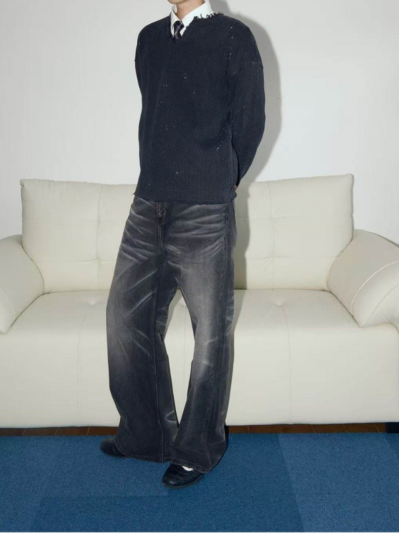 Vintage Washed Black Straight Jeans For Men With Stretch Fit_voghion.com