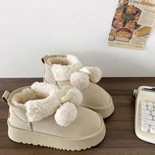 可爱毛球蝴蝶结厚底雪地靴女冬季保暖加绒加厚棉鞋毛毛短靴卡其色