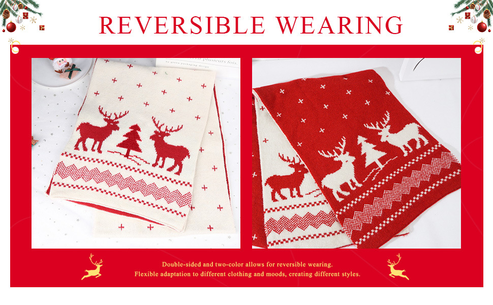 Sciarpa di lana calda lavorata a maglia con renne autunnali e invernali, scialle, sciarpa rossa per Capodanno._voghion.com