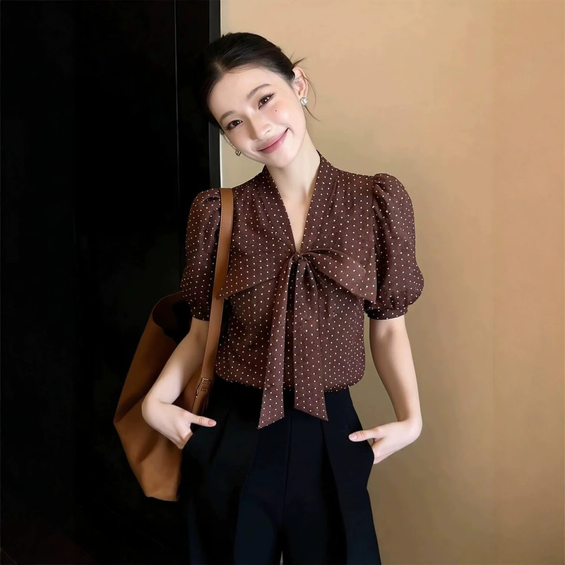Brother's Boutique Quality Summer New Vintage Elegant Polka Dot Shirt with Bow Tie and Puff Sleeves, Stylish Top