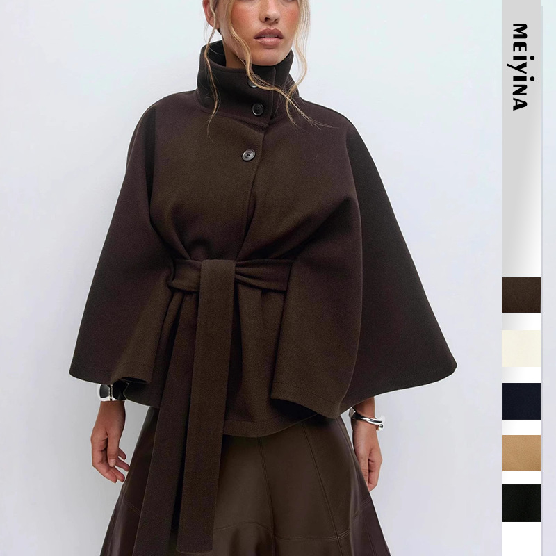 2025 European and American Cross-Border Women's New Autumn and Winter High-Neck Button Bat-Sleeve Casual Fashion Fur Coat Cloak