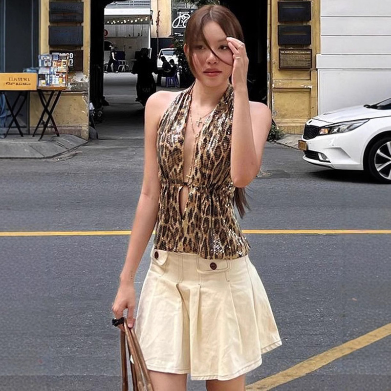 European and American Women's 2025 Spring New High-end Elegant Backless Vest Full-body Sequin Mini Leopard T-shirt