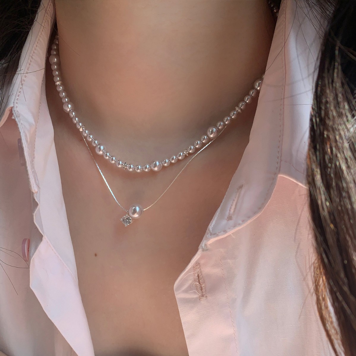 Collar colgante de perlas Shijia de circón ins temperamento elegante moda cadena de clavícula de todo fósforo ligero lujo collar de alta gama