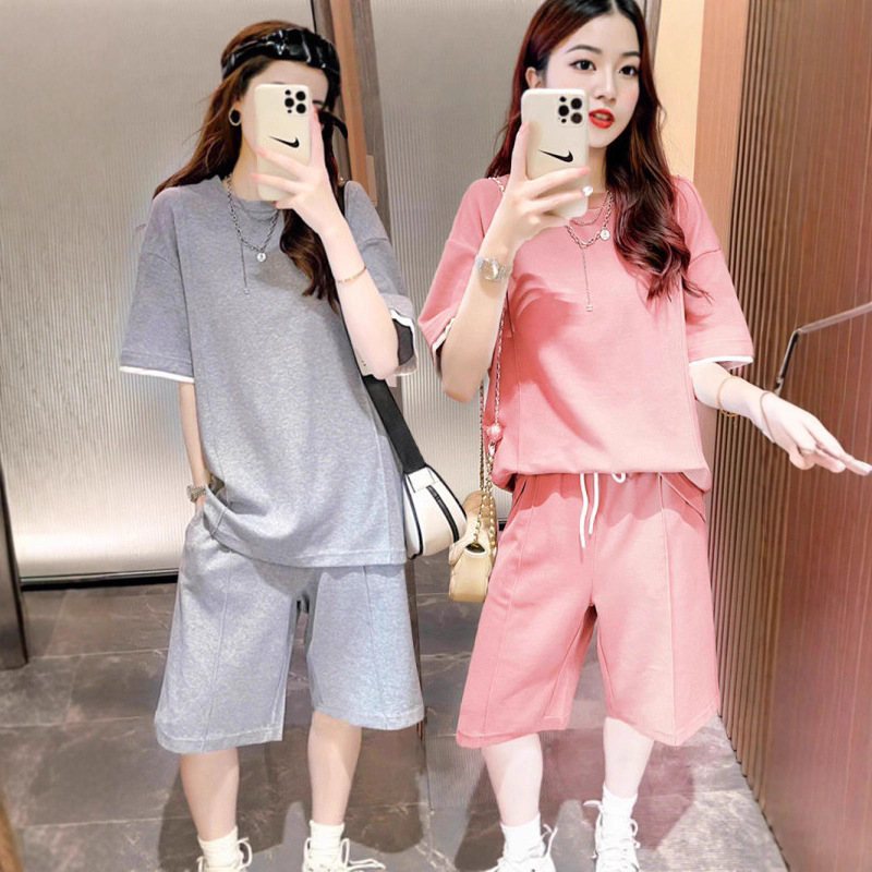 Cross-Border Wholesale Plus-Size Casual Sports Suit for Women, Summer Korean Style Fashion Loose Short-Sleeve Five-Point Pants Two-Piece Set