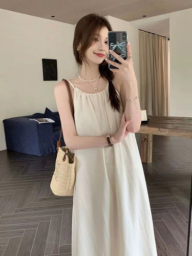 French suspender dress fairy summer sweet small fresh white dress seaside a-line loose sleeveless long dress