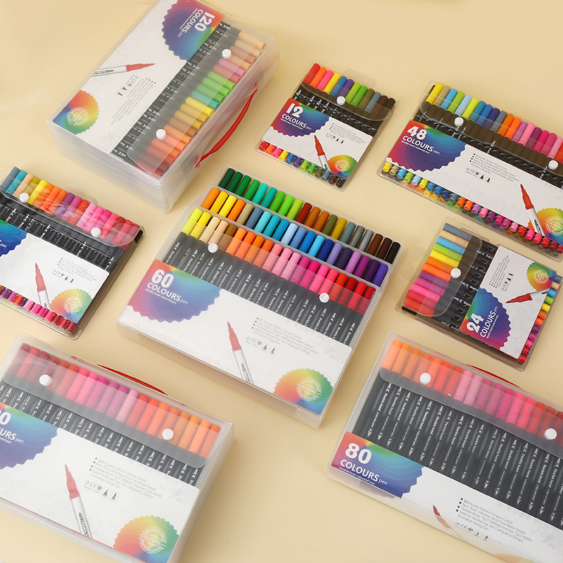 Pluma de acuarela de doble cabeza transfronteriza, pintura artística, línea de gancho, rotulador de color, juego de pinceles de cabeza suave de graffiti para niños respetuosos con el medio ambiente