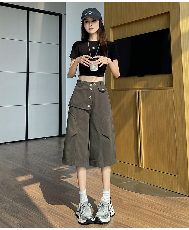 Quần culottes nữ ống rộng cạp cao dáng suông vải cotton — màu trắng chi tiết 25