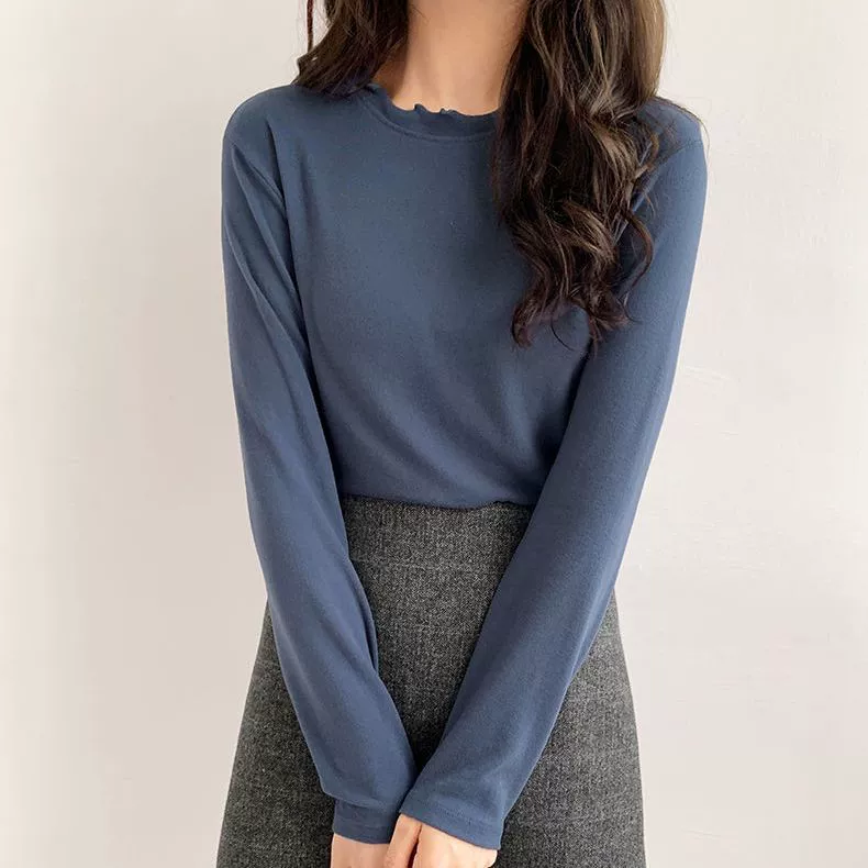 Осенне-зимняя Толстая теплая одинарная одежда в иностранном стиле с длинными рукавами и деревянными ушками с круглым вырезом, мягкая восковая Двусторонняя бархатная внутренняя Базовая рубашка, женская мода