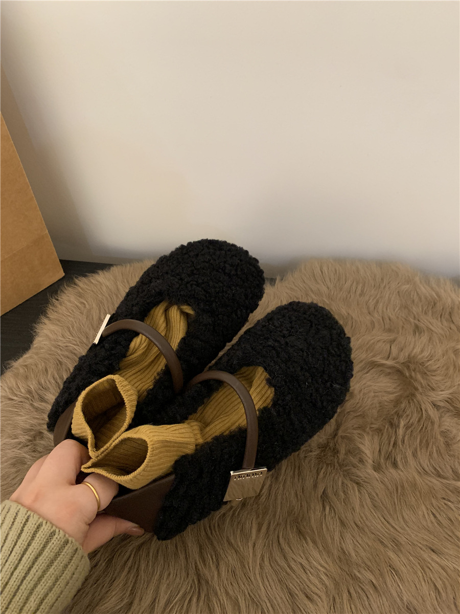 2024 neue Herbst- und Winterschuhe aus Samt mit runder Spitze, flachem Mund, Temperament mit flachem Boden, warme Bohnen, französische haarige Schuhe für_voghion.com