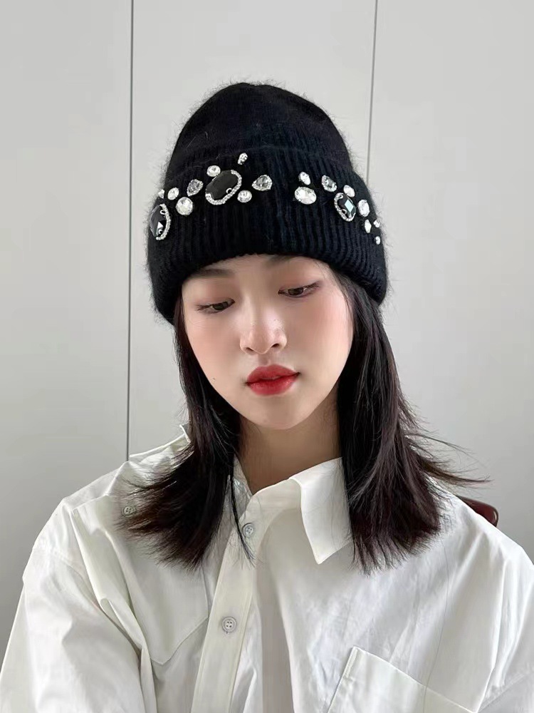 Women's Fashion Solid Color Rhinestone Eaveless Wool Cap