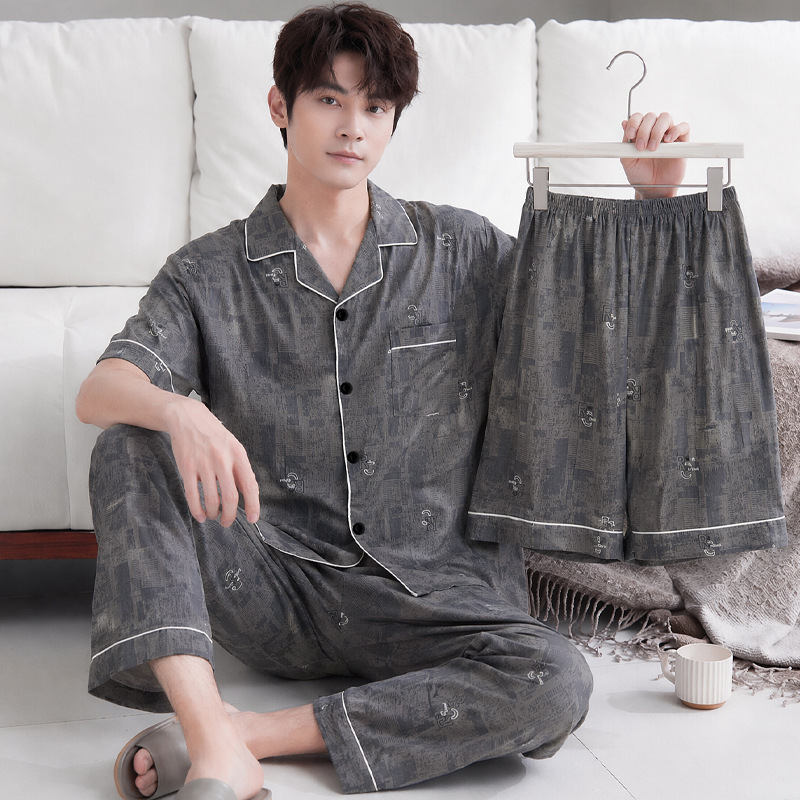 Fashionable Men's Pajamas, New Summer Style, Cloud Cotton Short-Sleeved Three-Piece Set, High-End Design Printed Home Wear Wholesale