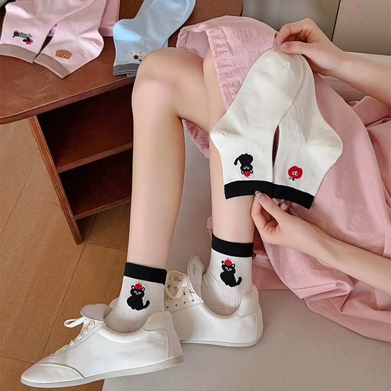 여성용 강아지 캐릭터 면 양말 봄여름 무봉제 배색 발목양말 버켄 슈즈 코
