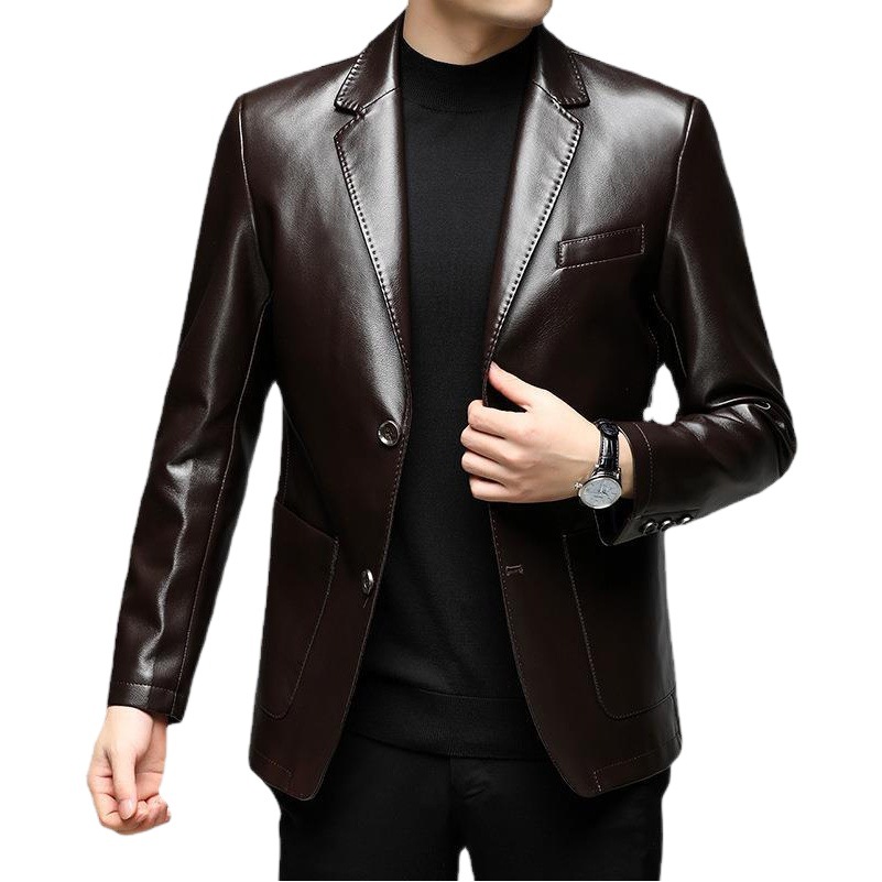Leather Men's Autumn and Winter New Men's PU Leather Suit Collar Jacket Jacket Men's Two Buckle Casual Leather Suit Men's