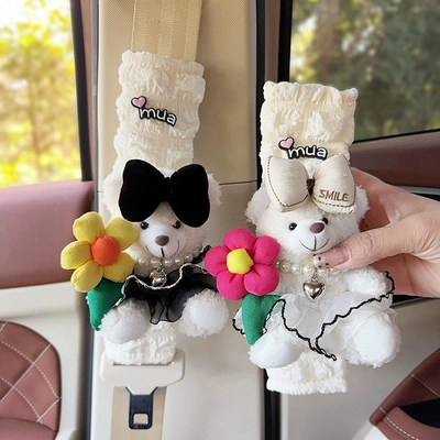 Cover Car Interior Decoration Women: Seat belt shoulder pad - white-bear-sunflower-black-wedding-dress-white-bear-sunflower-white-wedding-dress-one-puff-plaid-shoulder-pad