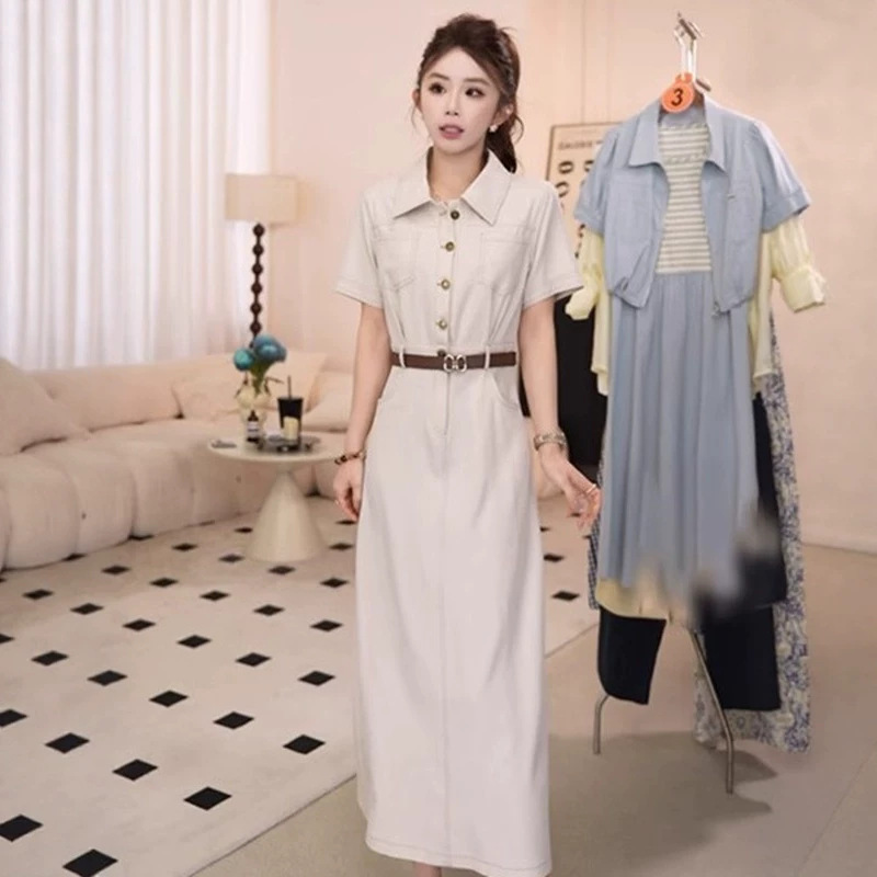 Free Belt with Purchase: Elegant Commuter-Style Short-Sleeve Dress with Lapel Collar for Women, 2026 Summer New Style, Waist-Cinching Slimming Dress D1632 Free Belt with Purchase: Elegant Commuter-Style Short-Sleeve Dress with Lapel Collar for Women, 2026 Summer New Style, Waist-Cinching Slimming Dress D1632