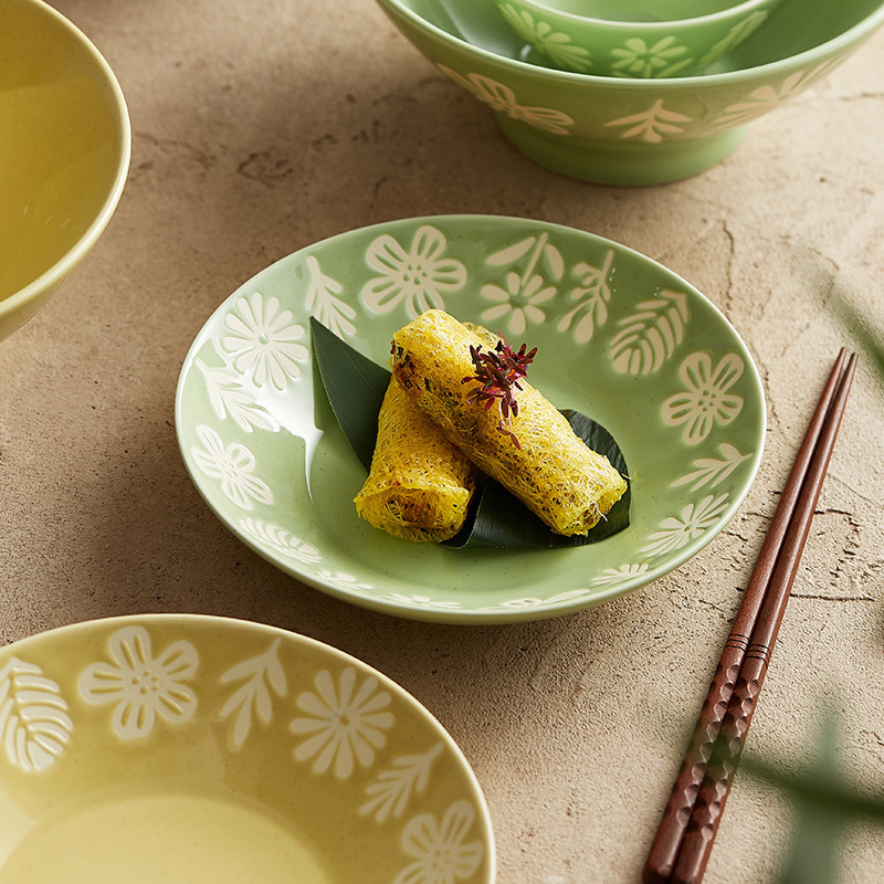 Little Forest Ceramic Bowl and Plate Set Home Internet Celebrity Creative Soup Bowl Embossed Plate High-Looking Rice Bowl Tableware Set