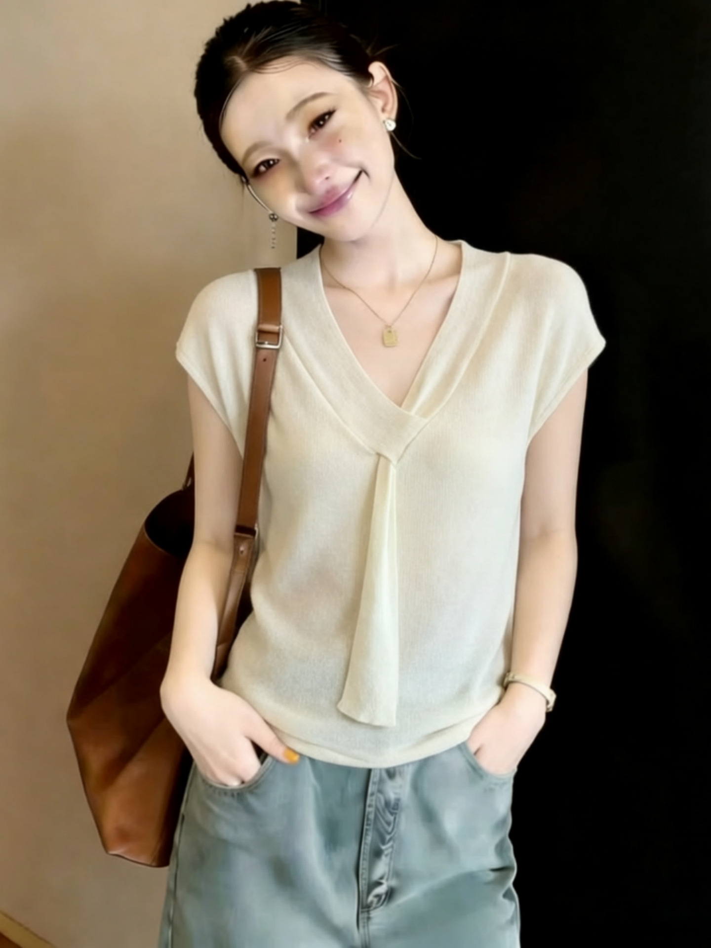 Áo dệt kim cổ V tay ngắn phong cách Pháp thanh lịch — màu đen
