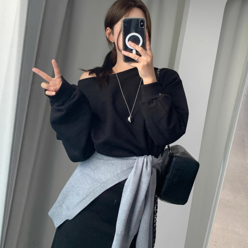 韩国chic秋日新款韩版时尚斜肩露肩设计感卫衣+百搭半身裙套装女|undefined