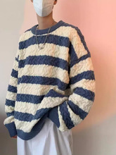 条纹美式复古毛衣男潮牌日系慵懒潮流宽松简约百搭情侣圆领针织衫
