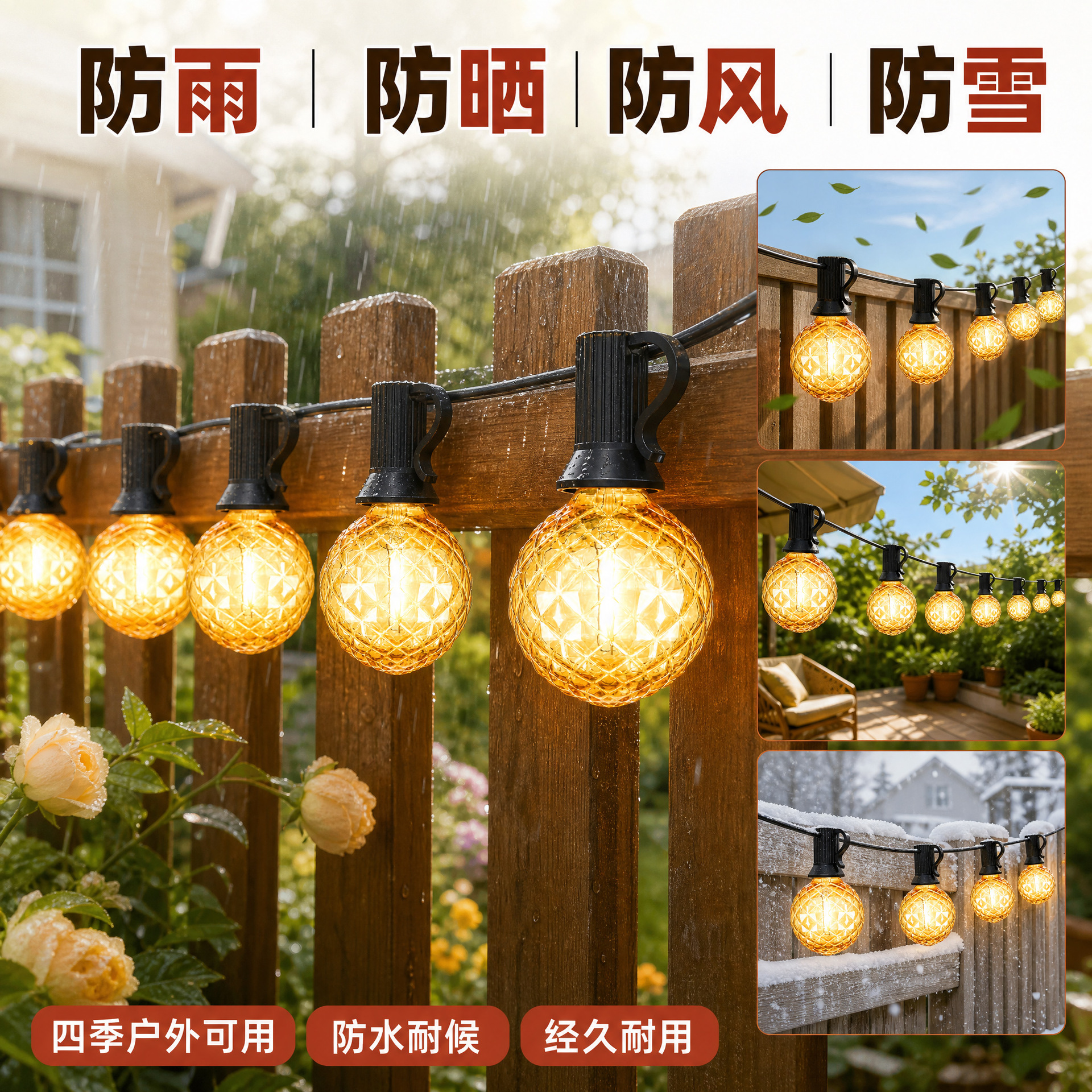 Nueva serie de lámparas solares g40 transfronterizas al aire libre impermeable patio LED campamento ambiente navideño decoración de color marrón serie de lámparas