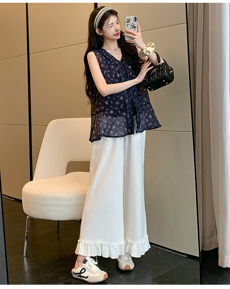 2025 verano nuevo estilo pequeño tirantes florales sin mangas top con volantes pantalones anchos durante el embarazo traje de maternidad