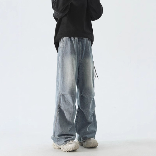 American Retro Pouched Wide-Leg Washed Streetwear Jeans for Men Autumn Loose Casual Long Pants