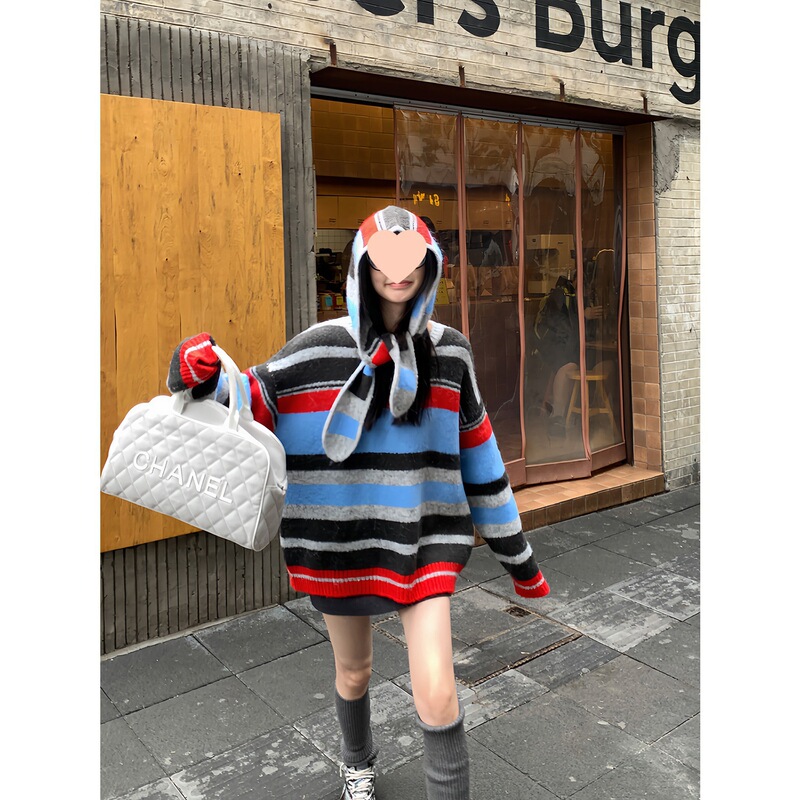 In Stock: Ouyang Detachable Hooded Striped Sweater for Women, Winter Loose Lazy Style Knitwear, Vintage Round Neck Top