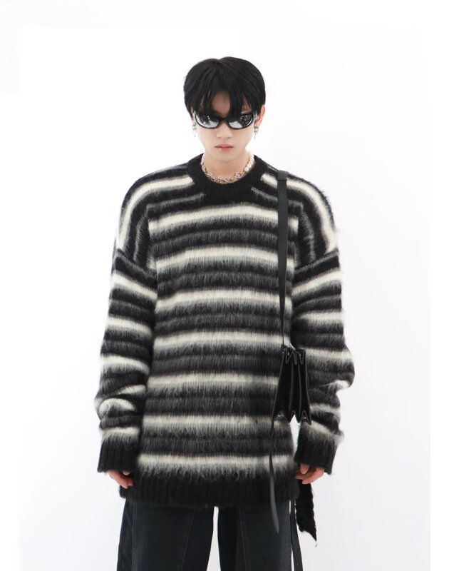 American high street black and white striped mohair round neck sweater men's niche design simple lazy style loose sweater American high street black and white striped mohair round neck sweater men's niche design simple lazy style loose sweater