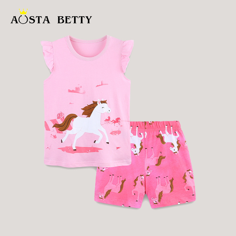 Factory direct European and American style girls short sleeve suit summer new children's suit cartoon printed T-shirt two-piece set