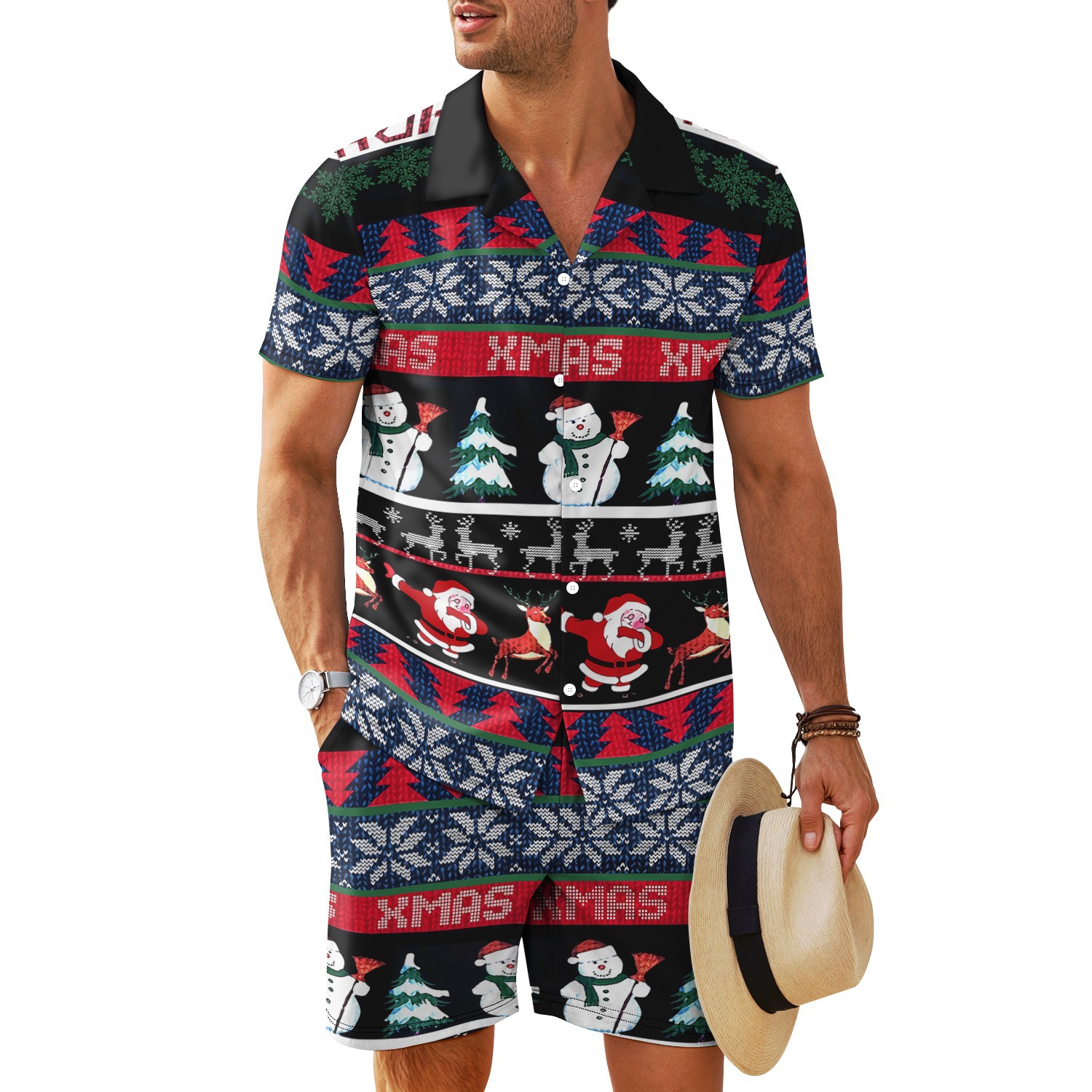 Transfronterizo 2025 nuevo estilo Amazon europeo y americano patrón de nieve cuello cubano camisa de manga corta pantalones cortos traje MB34 MA04