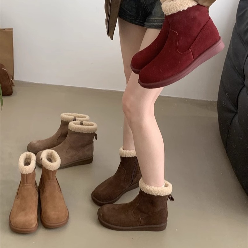 牛皮版！厚底小个子复古松果磨砂真皮羊羔毛加绒勃肯雪地靴棉鞋子|undefined