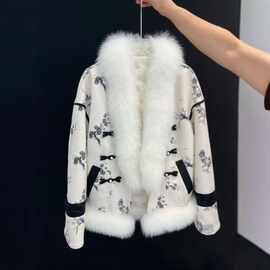 新中式国风提花盘扣鹅绒羽绒服外套女冬季海宁年新款狐狸毛皮草