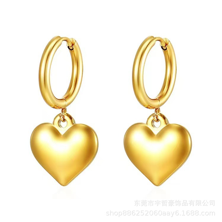 European and American Cross-Border Fashion Pendant Earrings Versatile Stainless Steel Round Earrings Peach Heart Women's Simple Earrings Wholesale