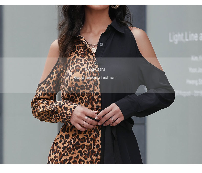 Lapel Off-Shoulder Leopard Color Matching Dress NSDMB95928