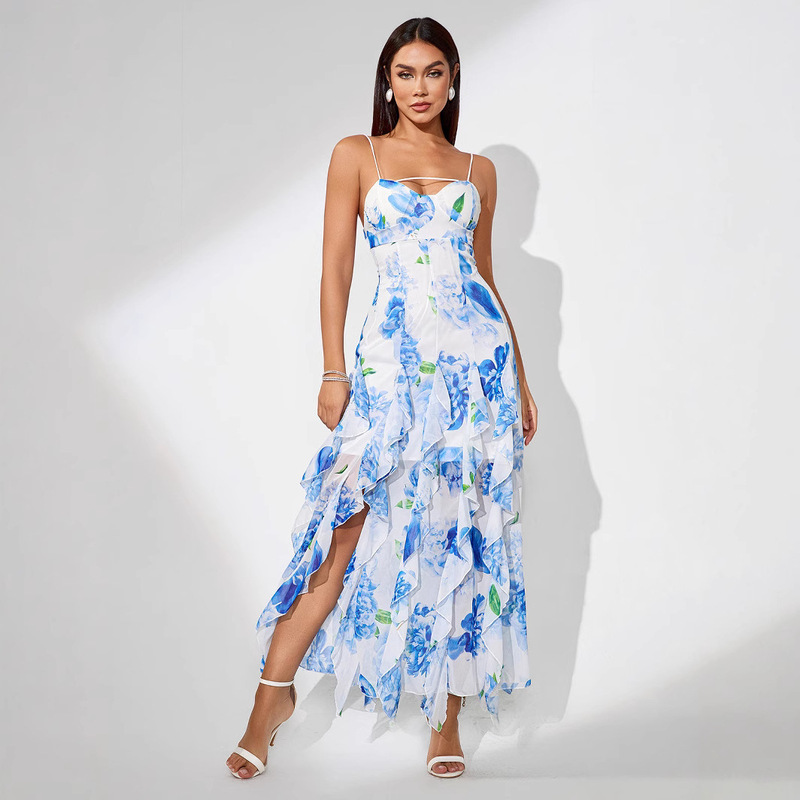 Cross-Border European and American Tube Top Suspender Slit Sexy Evening Dress Women's Slim High-End Elegant Party Dance Dress