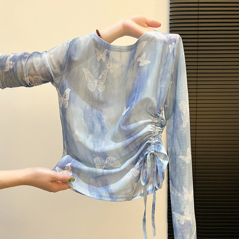 Butterfly Print Drawstring Design Mesh Top Long-Sleeved Slimming Bottoming Shirt Early Autumn Air-Conditioned Shirt for Women